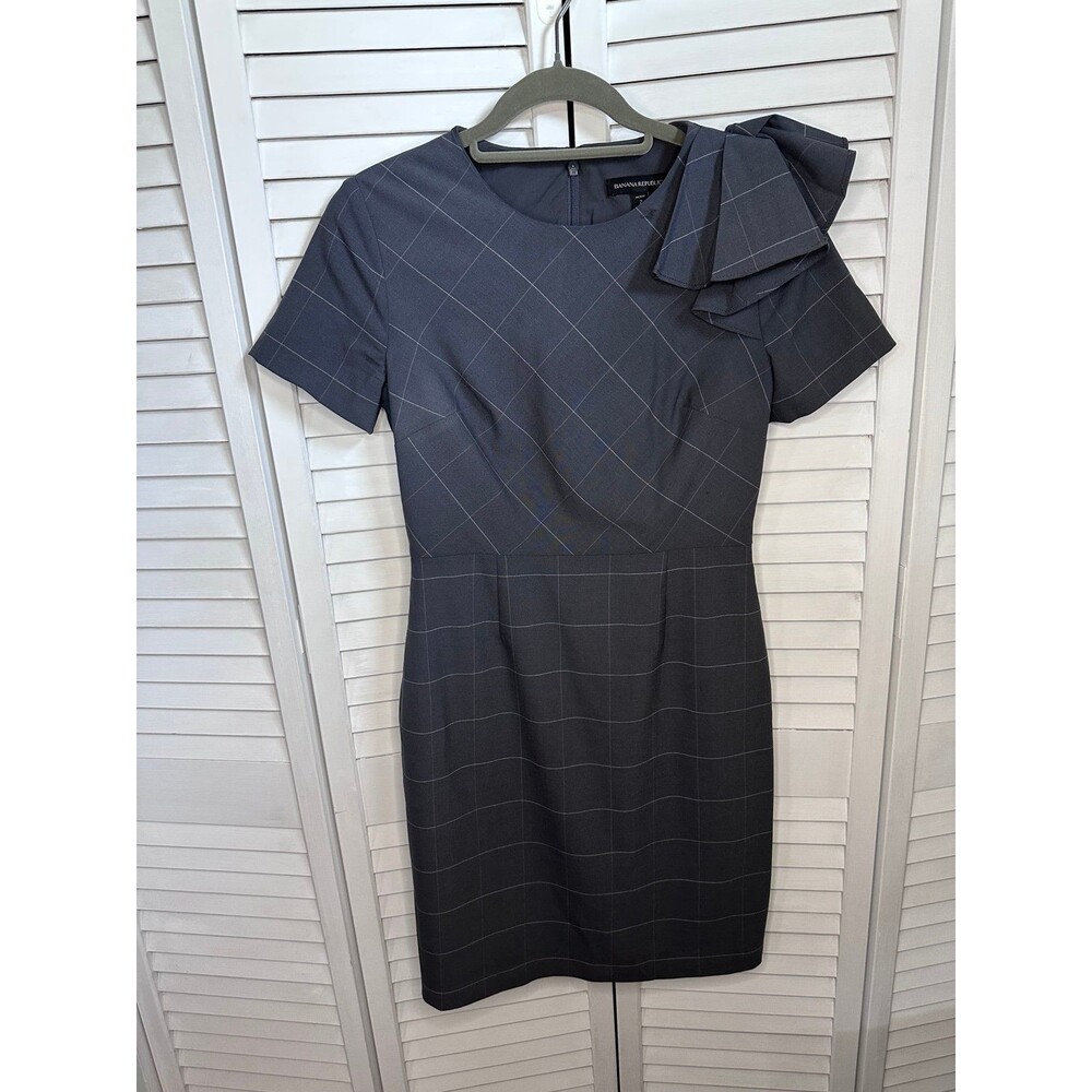 Banana Republic Petite 2 Gray Windowpane Bow Dress
